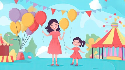 Cartoon mom and child holding balloons at a carnival, with space for text on a fun backdrop.
