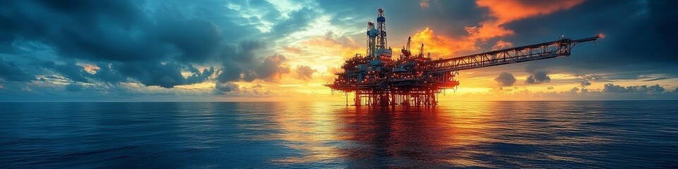 Obraz premium Offshore platform, oil and gas production in ocean or sea, gas and oil production industry, offshore drilling rig. The concept of mining in hard-to-reach places. Banner, poster with copy space