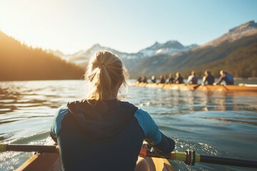 Fototapeta premium Female rower leading a team on a serene mountain lake. Ideal for concepts of teamwork, dedication, and outdoor sports.Fitness and sport, healthy life concept. for design banner, poster