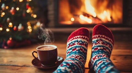 Cozy Christmas Fireplace with Wool Socks and Hot Chocolate