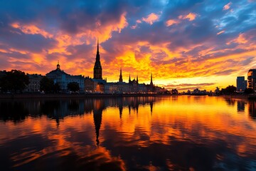 Fototapeta premium A sunset view of the Riga skyline, with the Daugava River and historic buildings silhouetted against the sky