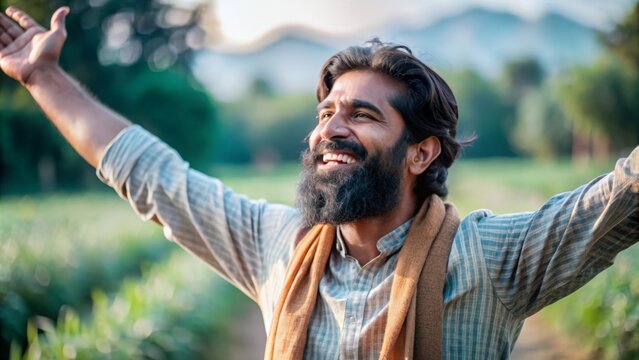 Free-Spirited Indian Man Celebrating Life in a Lush Green Meadow
