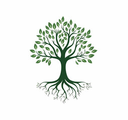 Fototapeta premium A vibrant green tree with lush leaves and detailed roots, symbolizing nature, growth, and sustainability in a minimalist design.