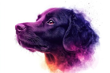Black labrador retriever dog portrait fading into colorful watercolor