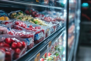 Fresh produce displayed on refrigerated shelves in grocery store