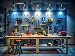 A modern workshop table cluttered with various high-tech cordless power tools, batteries, and accessories, illuminated by a single overhead light, exuding a sense of efficiency.