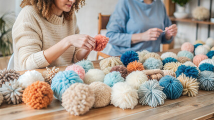 Colorful Pom Pom Garland and DIY Crafting Hands Making Holiday Decorations