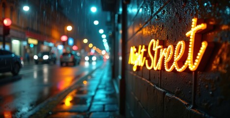 Obraz premium Une rue dans la nuit, une ambiance lumineuse, colorée et pluvieuse.
