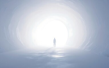 Embracing the Light: Minimalist Illustration of Person at Entrance of White Tunnel Symbolizing Hope and Anticipation for the Future