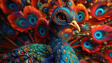 3D model of a peacock in vibrant, trippy colors with intricate Indian detailing and plenty of space for text.