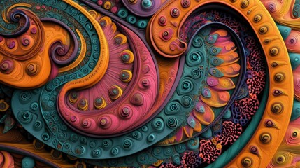 3D model of an Indian paisley design with psychedelic colors and patterns, with room for text.