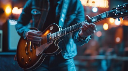 Fototapeta premium talented person playing guitar in an engaging performance, bringing creativity and rhythm to life through their love for music