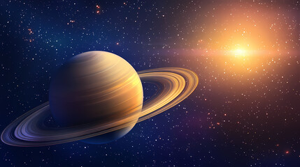 Planet saturn with rings at sunrise on the space background. Space Exploration. Illustration