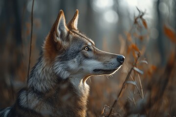 Fototapeta premium Wolf looking away in the forest at sunset