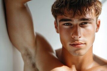 Handsome male model posing and touching his hair