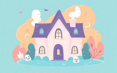 Adorable Kawaii Haunted House Vector Illustration with Pastel Colors and Smiling Spooky Windows on Flat Background