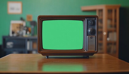 Vintage TV with Green Screen in Cozy Room on Wooden Table