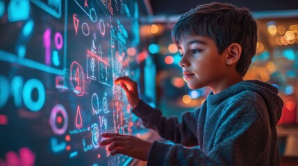 23. A student using a digital whiteboard for an interactive math lesson, solving equations with glowing numbers floating around, and sleek, modern educational tools displayed in the background.