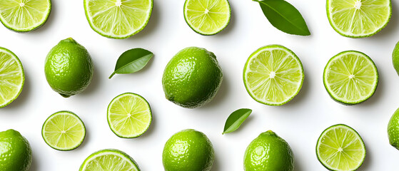 Fresh, vibrant limes and lime slices displayed on a clean background, showcasing their juicy texture and rich green color.