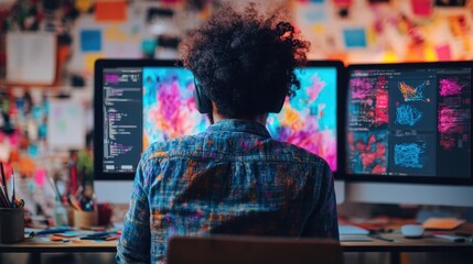 20. A student working on an eLearning project, surrounded by digital art tools, vibrant drawings on the screen, a dynamic and creative atmosphere with splashes of color and design elements.