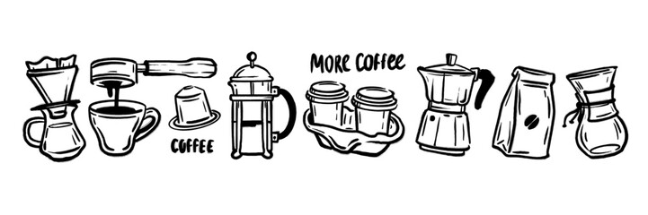 Coffee doodle icon set, vector hand drawn hot beverage collection, ink line cafe sketch banner. Espresso latte cup, cute menu bar drink object kit, mug, pot, arabica package. Coffee doodle breakfast