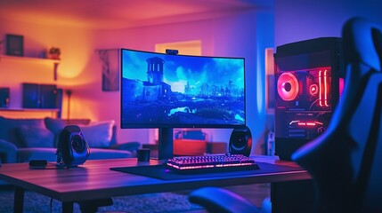 Fototapeta premium eye-catching gaming setup illuminated by neon lights, complete with a powerful PC monitor and an ideal streamer workstation for immersive gameplay