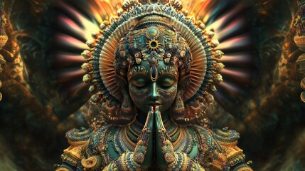 Fototapeta premium Psychedelic 3D Indian deity with intricate fractal designs and room for copy on a dark background