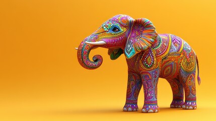 Fototapeta premium Psychedelic 3D model of an elephant with intricate Indian patterns, vibrant hues, and room for copy space