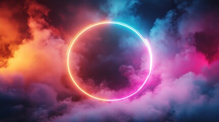 3D render, colorful neon light ring on a dark background with fog and clouds