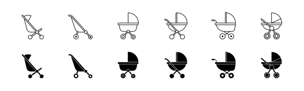 Baby stroller icon set. Line and glyph baby carriage vector. Baby pram. Set of isolated stroller icon