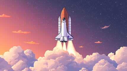 Space shuttle flying over the clouds. Space Exploration. Illustration