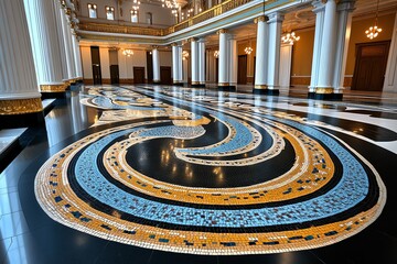 The intricate mosaic floors inside the Latvian National Opera House, reflecting its rich history and grand performances