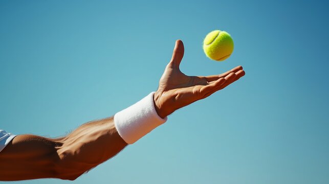 The right arm with a white sleeve holding and a tennis ball in the air on a blue sky background.