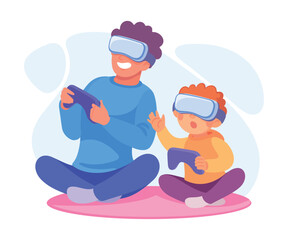 Man Parent with His Son Play Video Game as Home Activity Vector Illustration