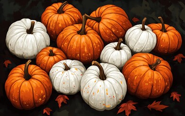 Whimsical Cartoon Pumpkins in Orange and White on Dark Background - Vibrant Vector Design with High Detail