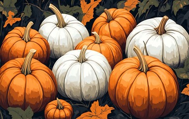 Vibrant Cartoon Pumpkins on Dark Background - Detailed Vector Illustration for Halloween Decor