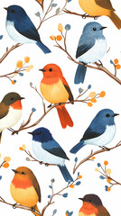 A vibrant illustration of various colorful birds perched on branches with delicate leaves, ideal for nature enthusiasts and decor.