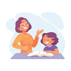 Woman Parent with Her Daughter Study Read Book as Home Activity Vector Illustration