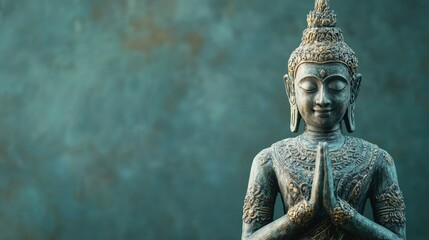 A serene statue of Phra Mae Rasami adorned with intricate ornaments, set against a simple background with ample space for text