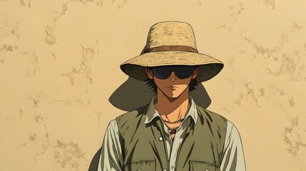 Obraz premium Vintage Safari Vest Worn by Mysterious Anime-Style Explorer on Plain Tan Background