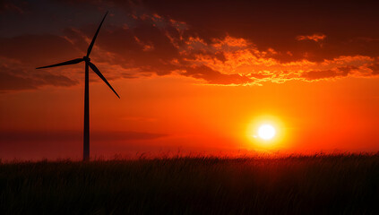 Obraz premium A beautiful sunset over a wind turbine, showcasing renewable energy and nature's beauty in perfect harmony.
