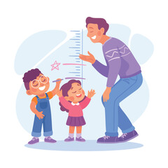 Man Parent with Son and Daughter Measure Height as Home Activity Vector Illustration