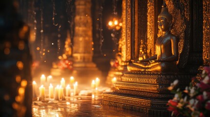 Obraz premium Phra Mae Rasami depiction with intricate details, glowing softly in candlelight, with copy space on the sid