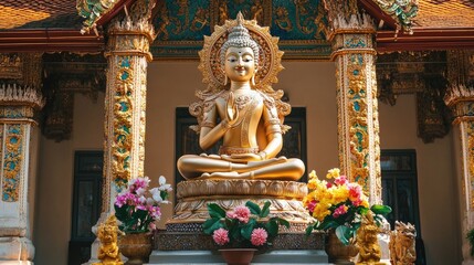 Obraz premium Phra Mae Rasami statue in a peaceful temple setting, with vibrant decorations and ample copy space on a neutral background
