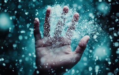 Fototapeta premium Fragility in Darkness - Hand with Airborne Virus Particles on Teal and Black Background