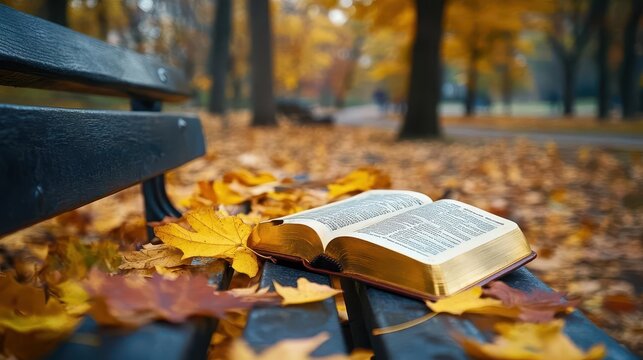 Bible placed on a park bench surrounded by fall leaves, symbolizing the changing seasons and the constancy of faith