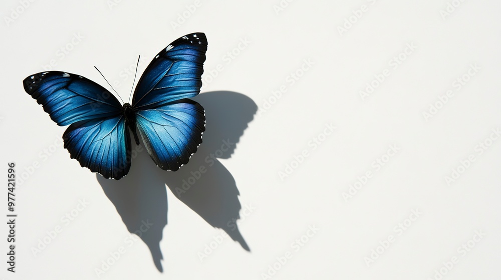 Canvas Prints Two blue butterflies fly side by side against a pristine white backdrop A single blue butterfly's cast shadow graces the left side A solitary blue butterfly