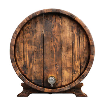 Old wooden barrel with metal tap standing on a white background