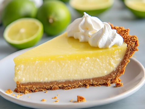 Delicious slice of key lime pie topped with whipped cream, served with fresh limes for a refreshing dessert experience.