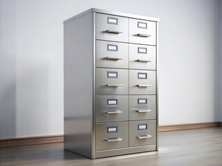 A sleek metal filing cabinet with multiple drawers, labeled and organized, stands against a clean white background, emphasizing efficiency and productivity in a modern office space.